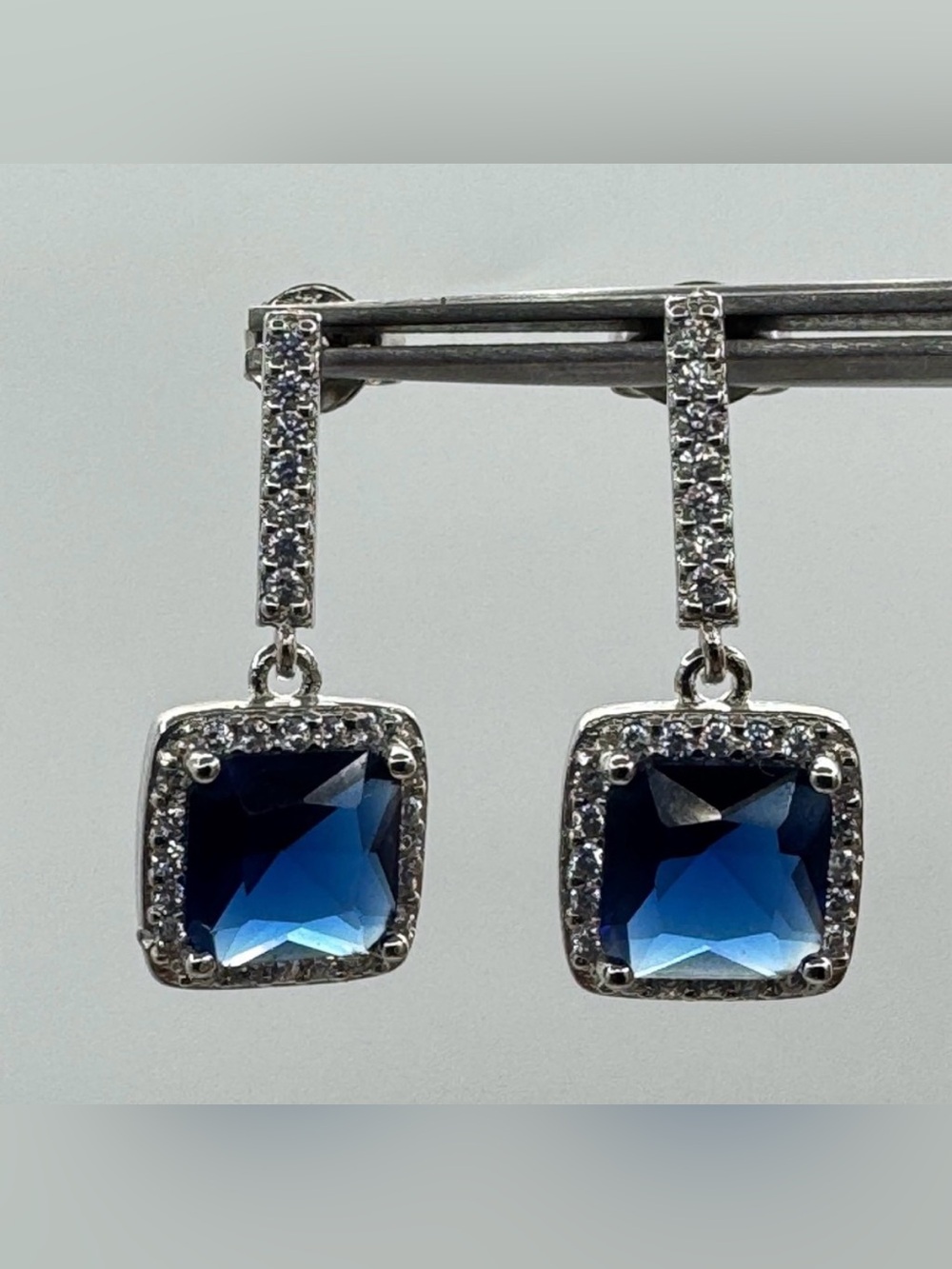Silver Blue Crystal Drop Earrings Square Halo Dangle Elegant New